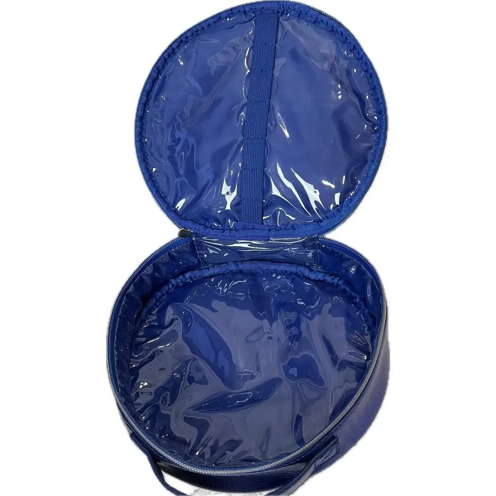 NWOT Metallic Blue Round Make-Up Bag 8'' Diameter 2'' Deep Travel Vacation